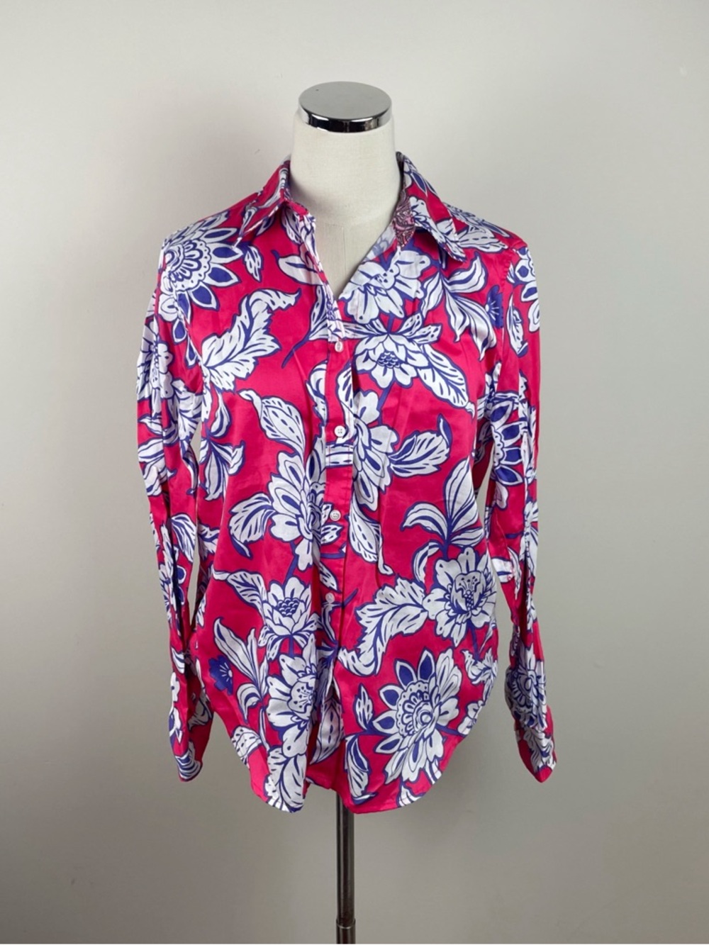 Ruby Rd. Pink Red Blue White Floral Long Sleeve Button Down Top Women Size 12
